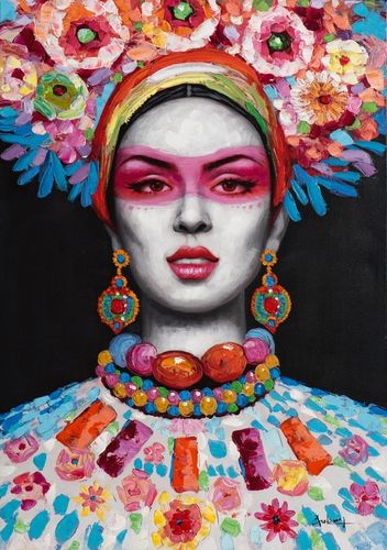 BUERADO Paintings - Handgemalte Frau mit bunten Blumen Gewand (70x100cm)