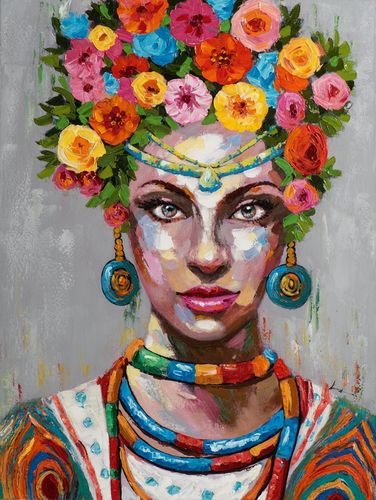 BUERADO Paintings - Handgemalte Frau mit bunten Blumen Gewand und Schmuck (70x100cm)