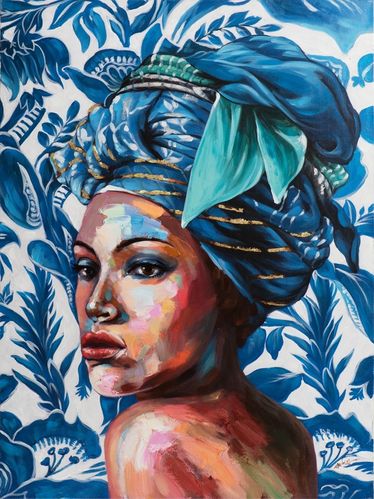 BUERADO Paintings - Handgemalte Frau mit blauem Gewand und Hintergrund (90x120cm)