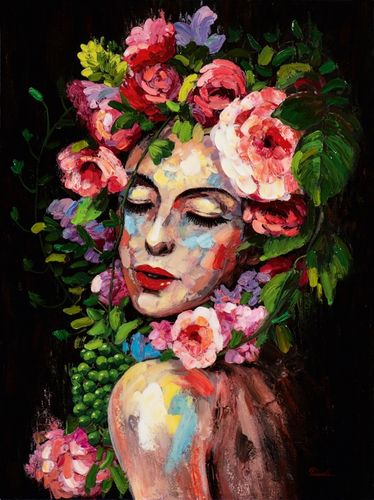 BUERADO Paintings - Handgemalte Frau mit dekorativer Blumenperücke (90x120cm)