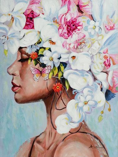 BUERADO Paintings - Handgemalte Frau mit Haaren aus weißen Orchideen (90x120cm)