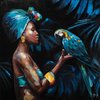 BUERADO Paintings - Schönheit mit blauem Papagei Acryl Gemälde (100x100cm)