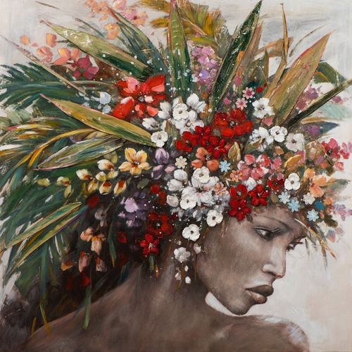 BUERADO Paintings - Handgemalte Person mit bunter Blumen-Perücke (115x115cm)