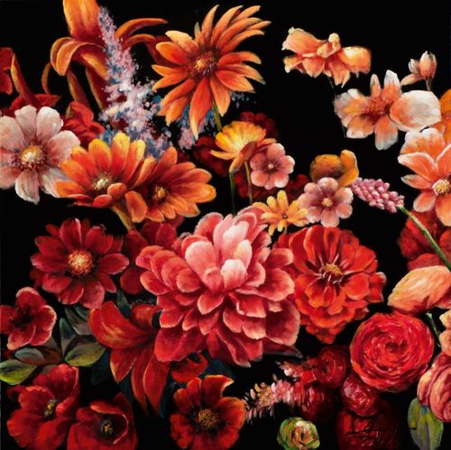 BUERADO Paintings - Handgemalte Blumen in roten-Farbtönen (100x100cm)